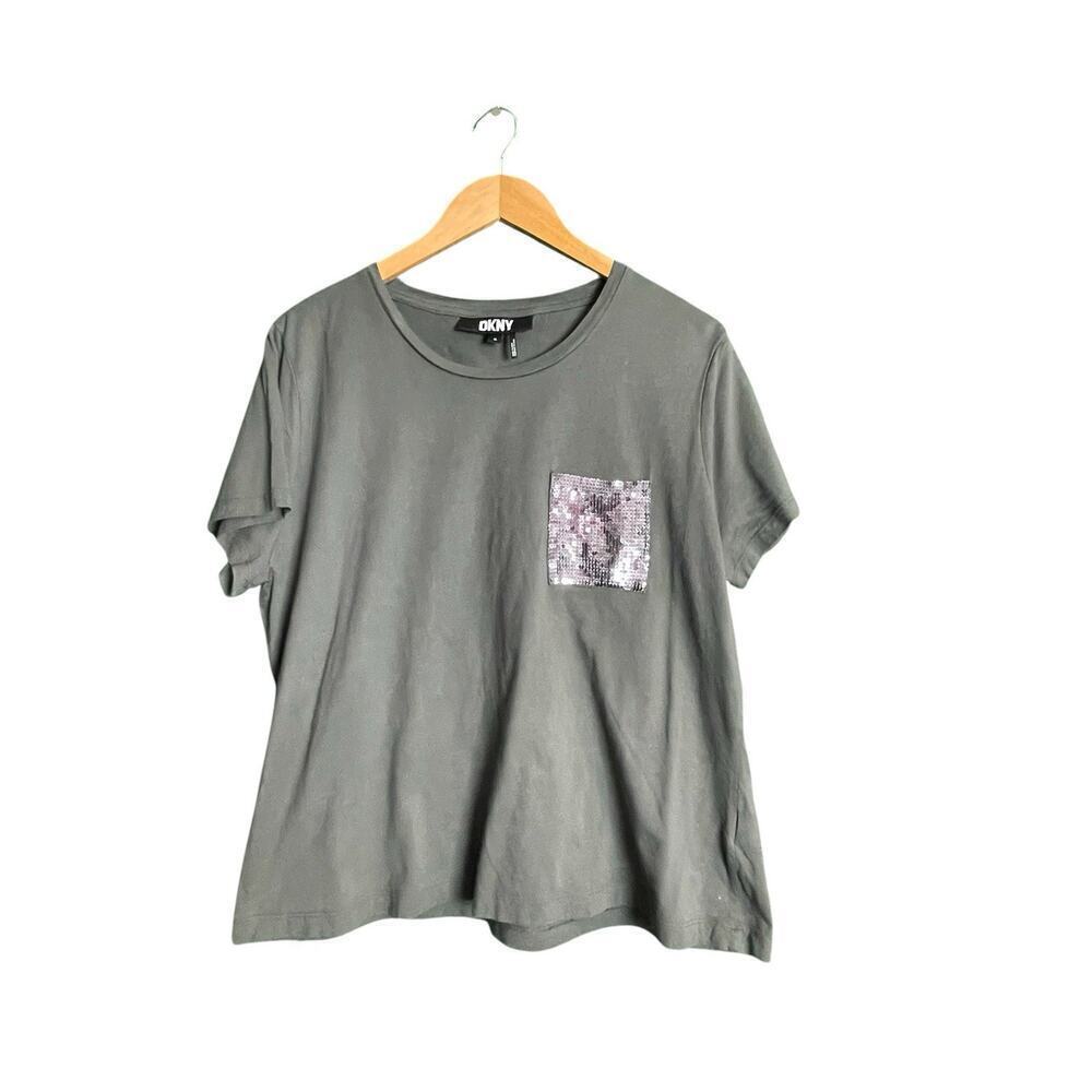 DKNY Green T-Shirt Size XL Sequins Pocket Y2k Loose Flowy Glam Casual Lounge - Picture 4 of 6